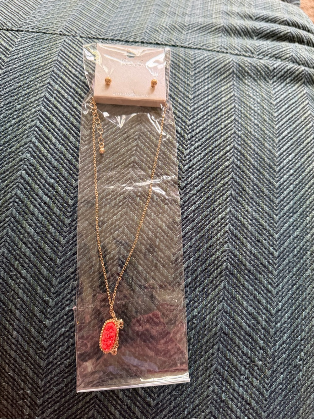 No. 3 - Gold-Tone Necklace with Coral Pink Oval Pendant and Matching Studs